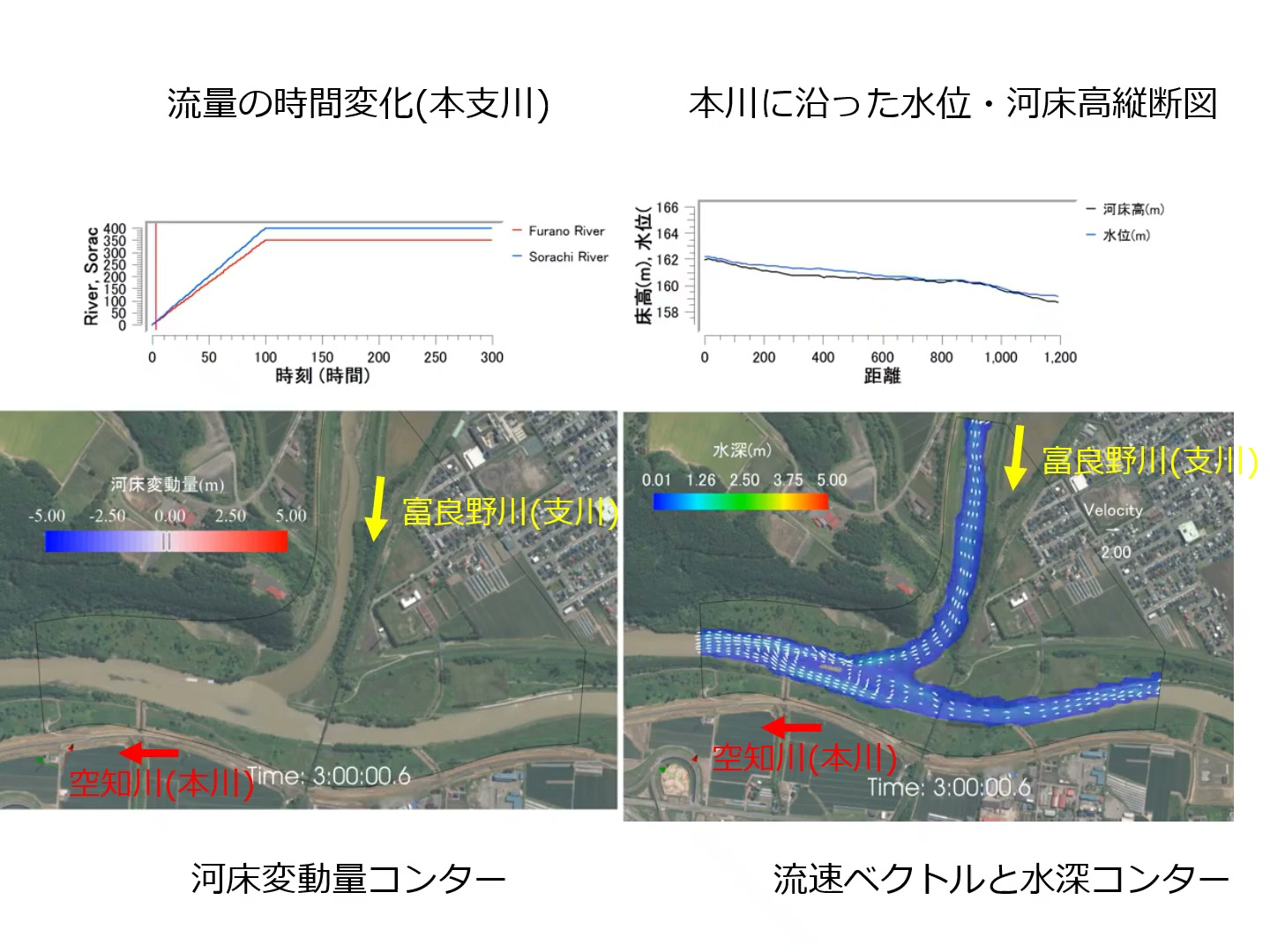 空知川（本川）と富良野川（支川）合流点の河床変動量コンターと流速ベクトル