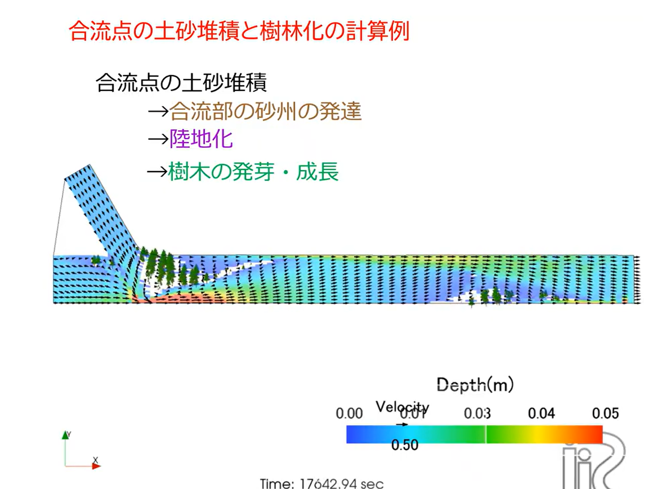 Sediment deposition at confluence leading to sandbar development, land formation, and tree growth